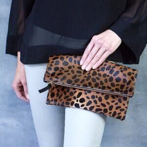 Clare Vivier Calf Hair Leopard Print Top Zip Foldover Clutch Handbag Brown Black